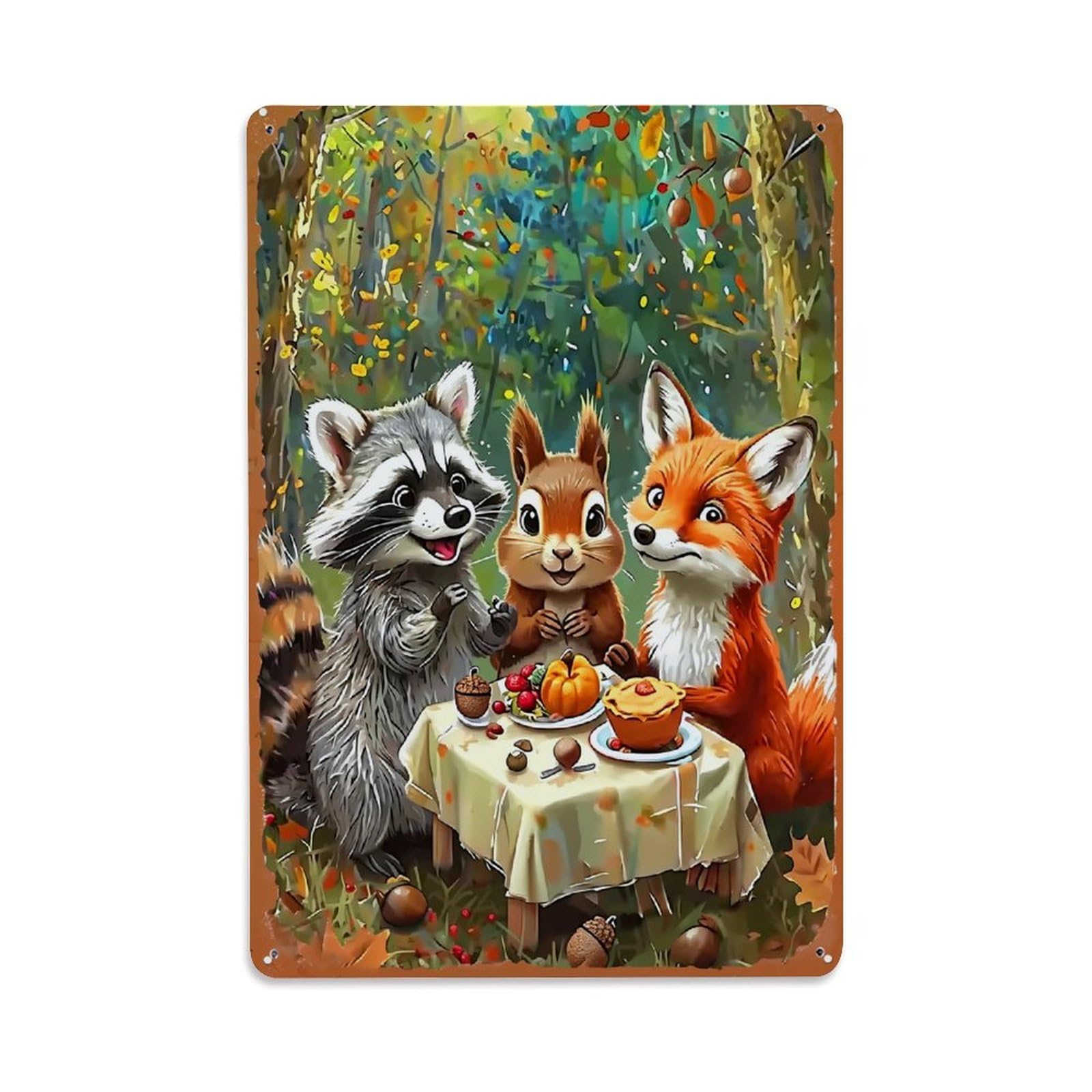 Jdfenggu Vintage Forest Animals Autumn Feast Table Retro Metal Tin Sign, Decor Art Poster For Bar, Home, Man Cave, Kitchen, Laundry Room Gift 8X12inch