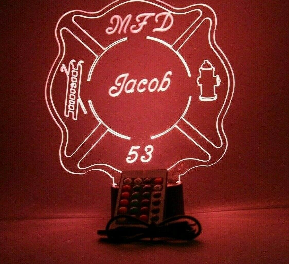 MIRROR MANIA Fire Badge Light Up Lamp Light Lamp LED, Personalized Name Firefighter Engraved Table Lamp - It's Wow, Comes with Remote, 16 Color Options, Dimmer, Free Engraving, Great Gift
