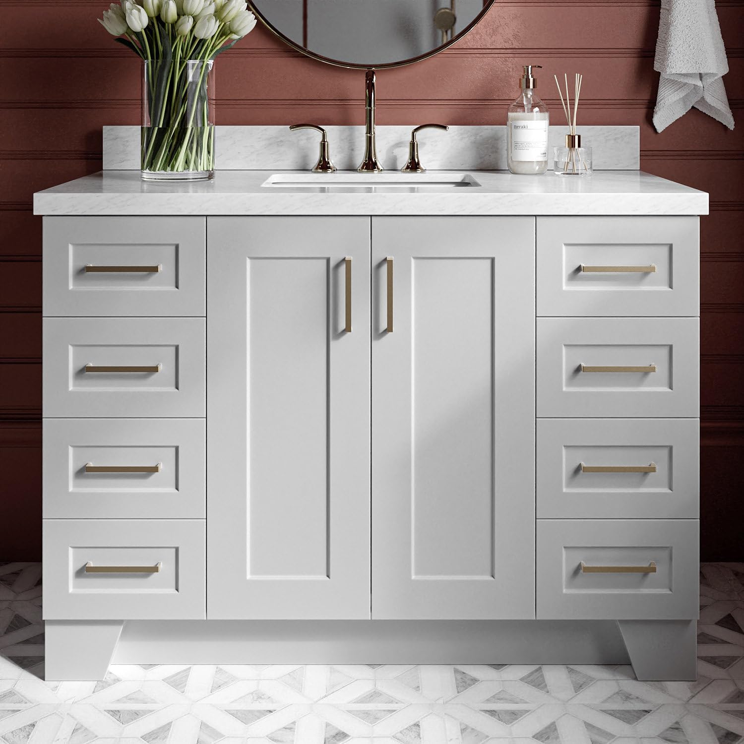 ARIEL Taylor 48-inch Bathroom Vanity with Sink,Solid Wood, 1.5-inch Italian Carrara Marble Countertop & Backsplash, Single Rectangular Porcelain Sink, 2 Soft Closing Doors, 9 Dovetail Drawers, Grey