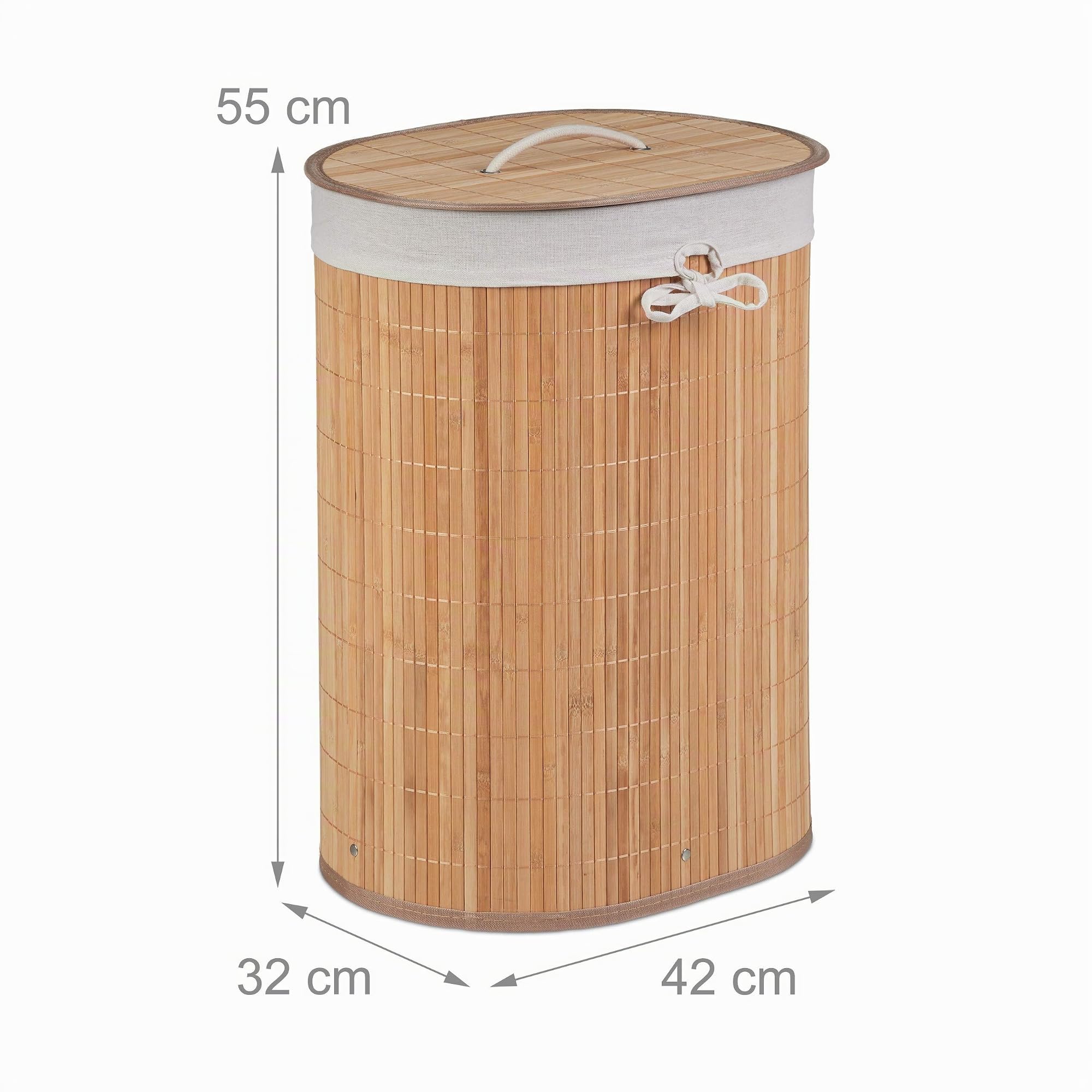 Relaxdays Cesto Portabiancheria in bambù, Ovale, 46 l, Pieghevole, Cesta con Coperchio, Bagno 55x42x32 cm, Naturale