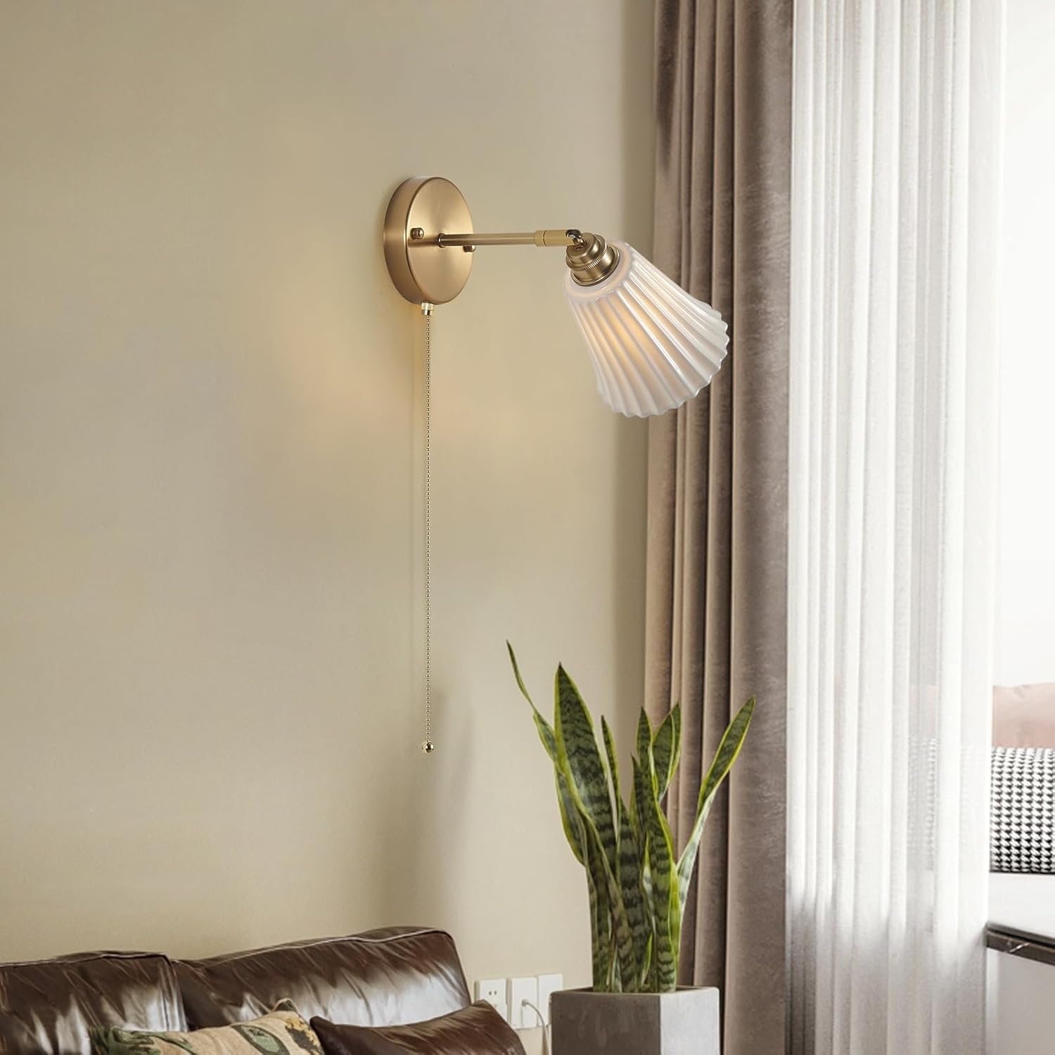 2-Pack Modern Gold Ceramic Hardwired Swing Arm Wall Sconces with Pull Chain Switch Indoor Wall Light Fixtures for Living Room, Bedroom, Kitchen & Home Office