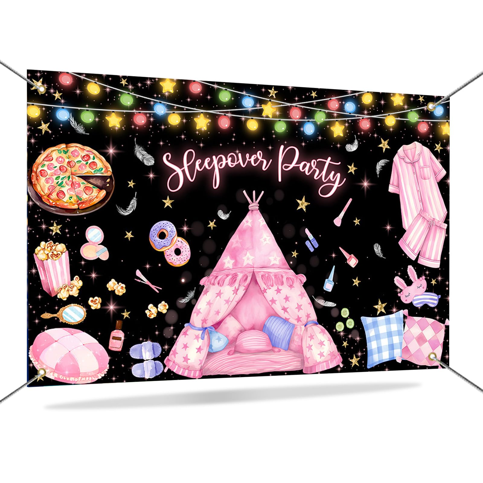 Mocsicka Black Pink Sleepover Party Backdrop with Pajama Pillows & Makeup for Girls Spa Makeup Night Slumber Party Decorations 70.8 x 43.3 Inch