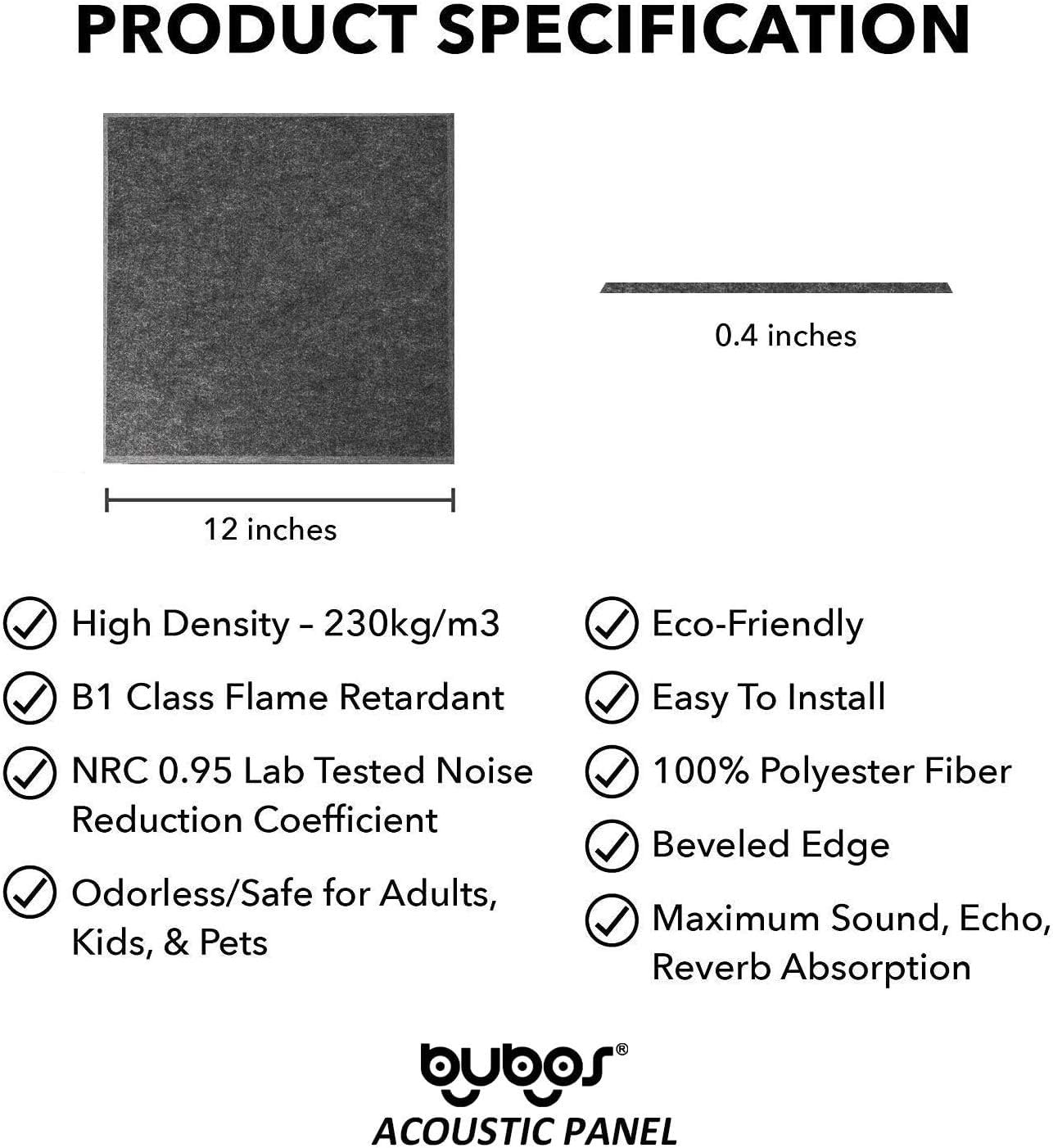 BUBOS Acoustic Panels,12“x12”inch Premium Acoustical wall panel,Better than foam, Decorative Sound Absorbing Panel for walls, Studio Acoustic Treatment. Soundproof wall panel,6Pcs,Dark Grey