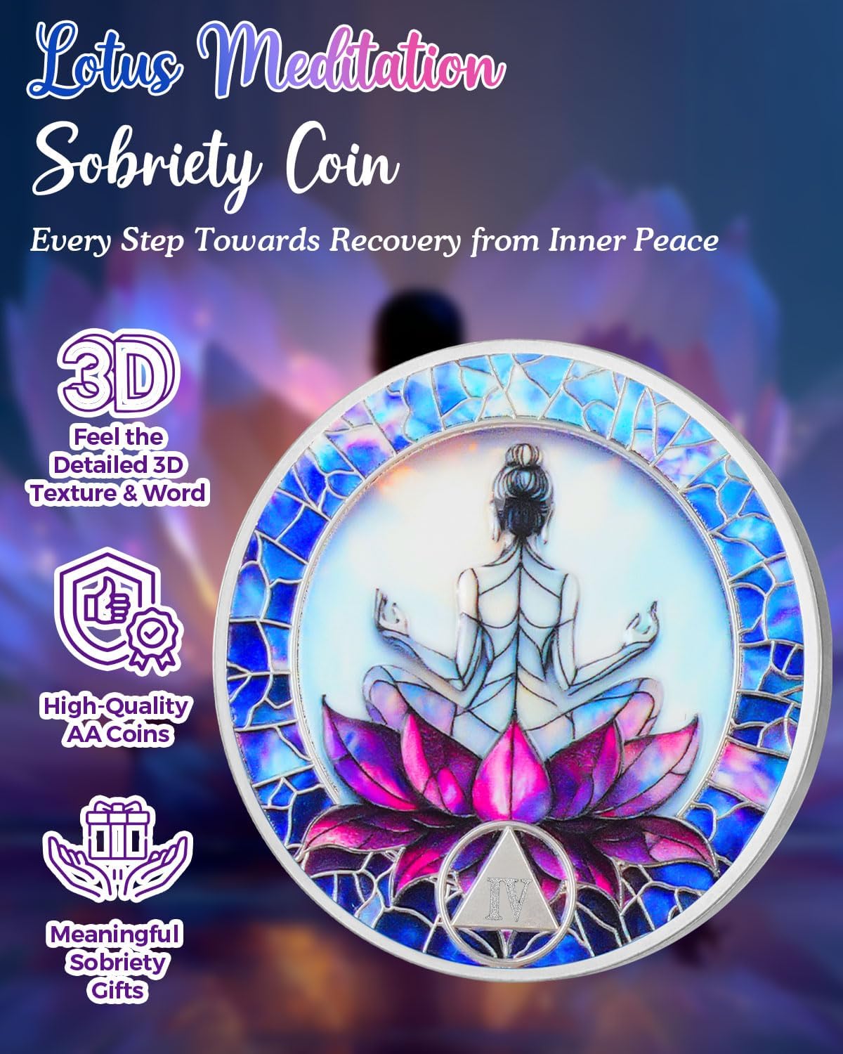 4 Year Sobriety Coin - Lotus Meditation AA Recovery Medallions, Inspirational Sobriety Gifts for Women in Recovery, Four Year Sober Anniversary Token of Hope, Strength & Healing