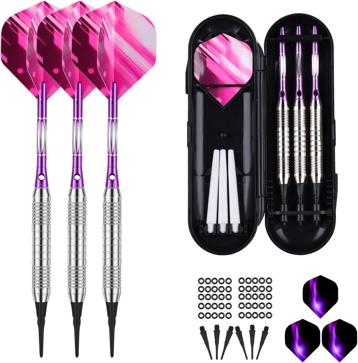 Darts Plastic Tip Set - 18g 21g Colorful Rainbow Soft Tip Darts 50 Anti-Loose O-Rings 6 Shaft (Aluminum/Nylon 45mm) 6 Durable Flights Extra 50 Soft Tips Electronic Dartboard