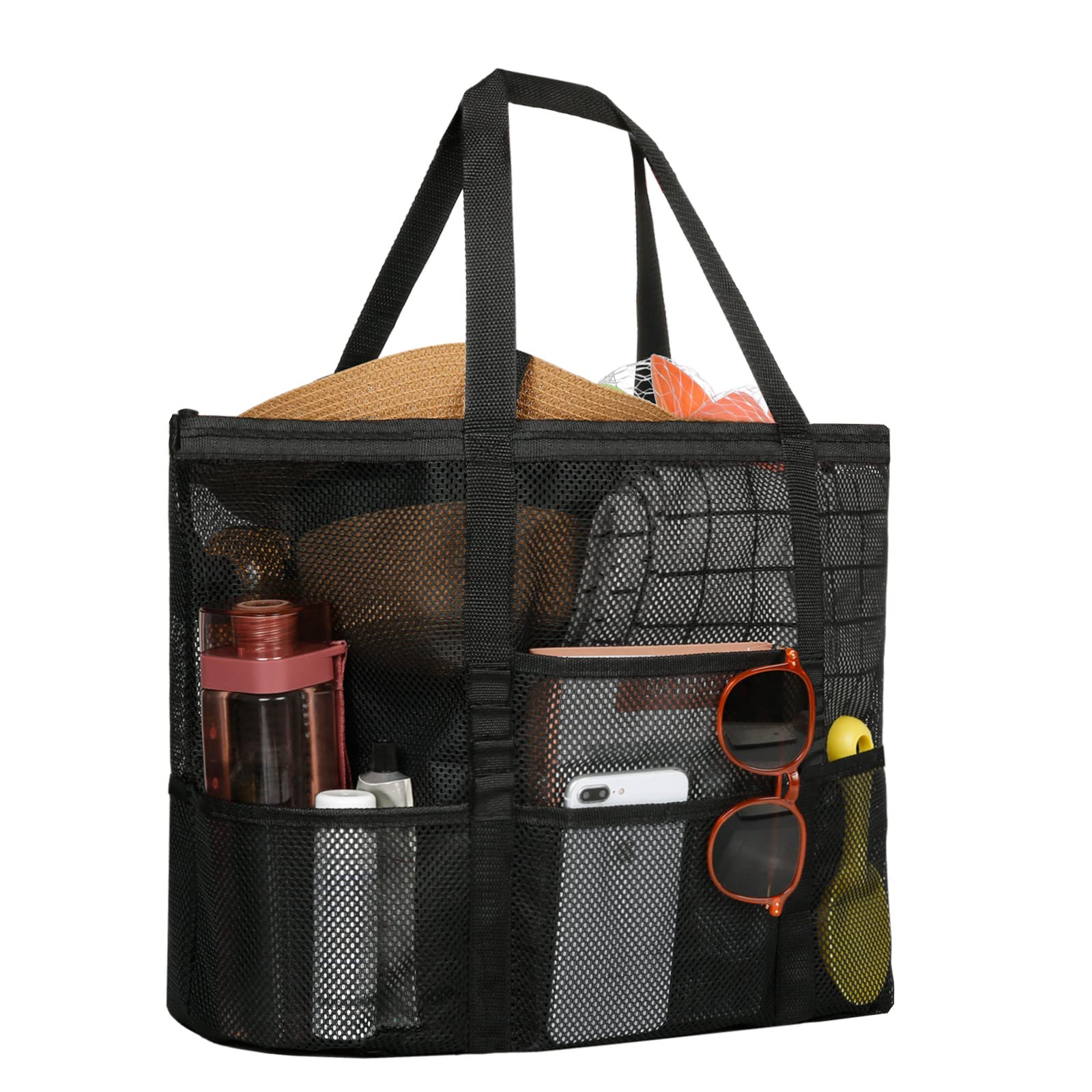 ZWOOS Bolsa de Playa de Malla, Bolsas Compra Reutilizables para Almacenamiento Juguetes Bolsa Plegable de Compras para Playa, Natación, Camping, Compras, Vacaciones Familiares (L, Negro)
