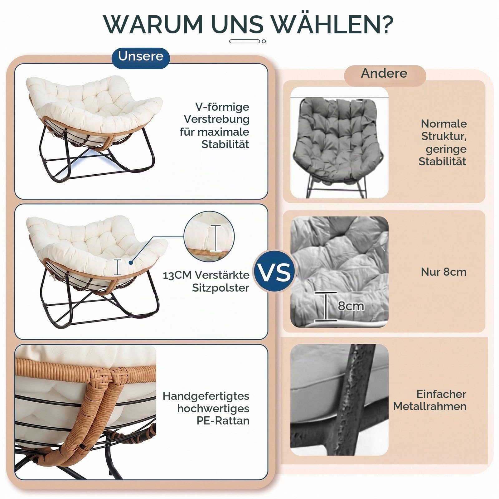 LIFERUN Schaukelstuhl mit Rattan, Ei-Schaukelstuhl, Belastung 150 kg, Beige | Schaukelsessel Oversized, mit dickem Abnehmbar Polster, Metallrahmen, Loungesessel für Garten Balkon Wohnzimmer