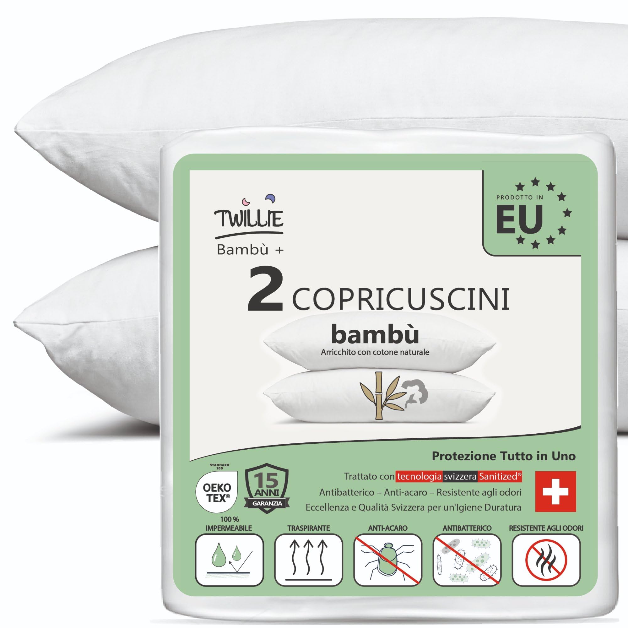 Twillie Copri Cuscino 60 x 80 (Set da 2) Bambù – Qualità Superiore – Impermeabile, Zip e Anti-Acne – con Cotone Naturale, Trattamento Svizzero Sanitized® Anti-Acari Antibatterico – Made in UE