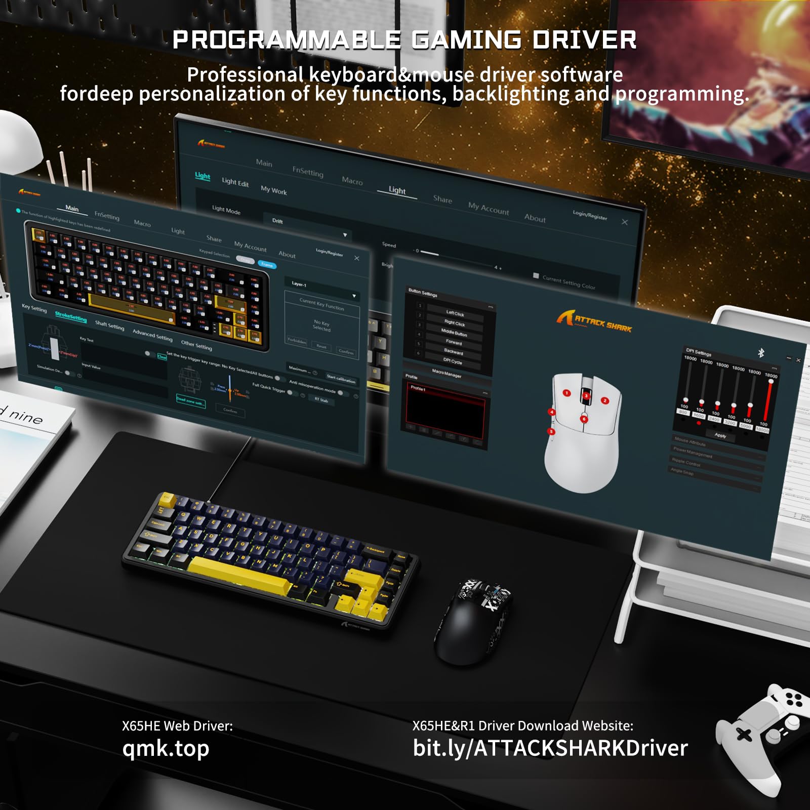 ATTACK SHARK Gaming-Tastatur & -Maus-Set, X65 HE Kabelgebundene Magnettastatur und R1 Kabellose 59g Superleichte Maus (8000Hz, RT 0,01mm, RGB, 65h Akku) - Sternenschwarz