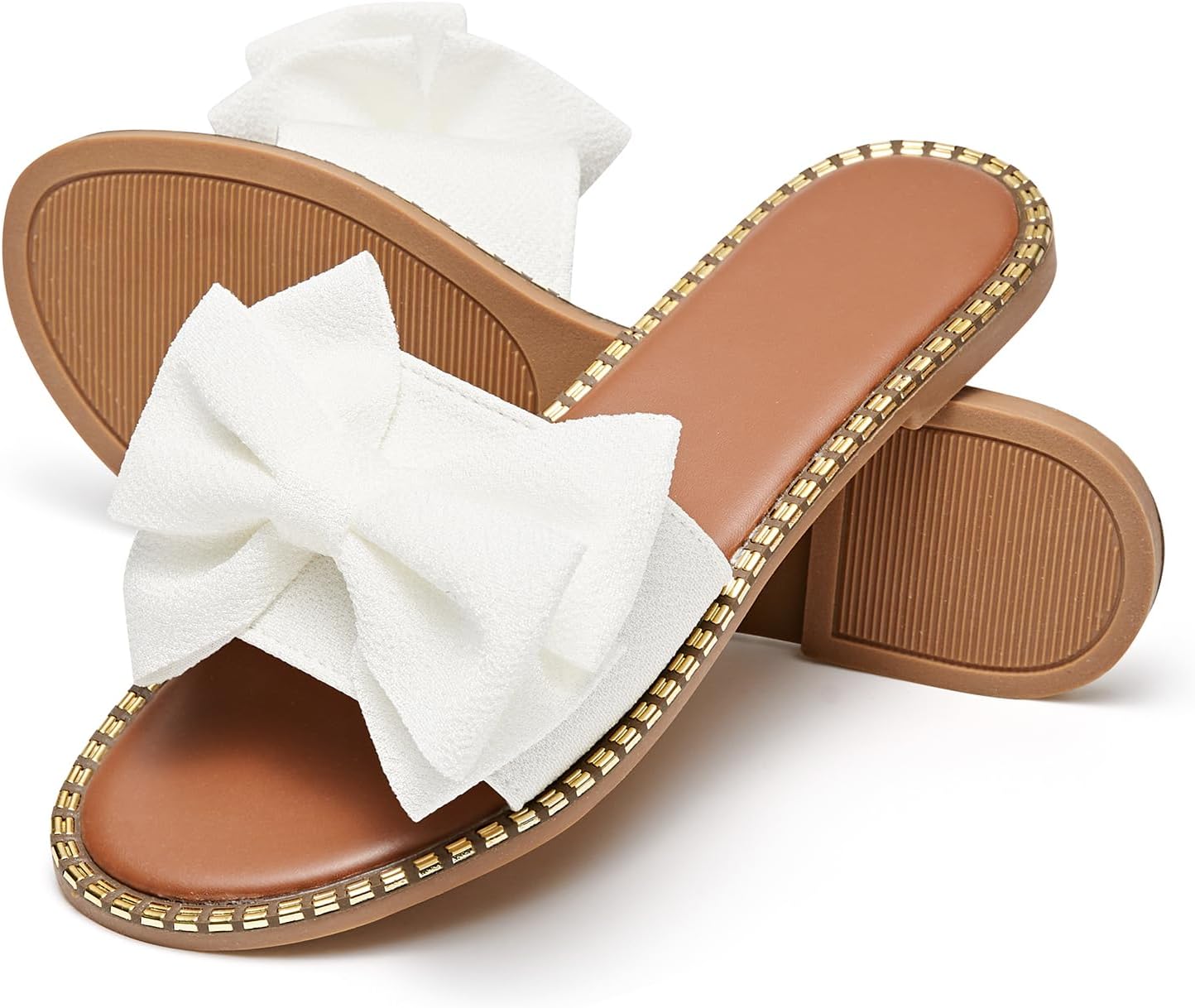 Women's Bow Slide Sandals - Elegant Flat Summer Shoes with Gold Studded Trim - Chic Slip-on Dressy Slides for Beach, Vacation, and Bridal Wear