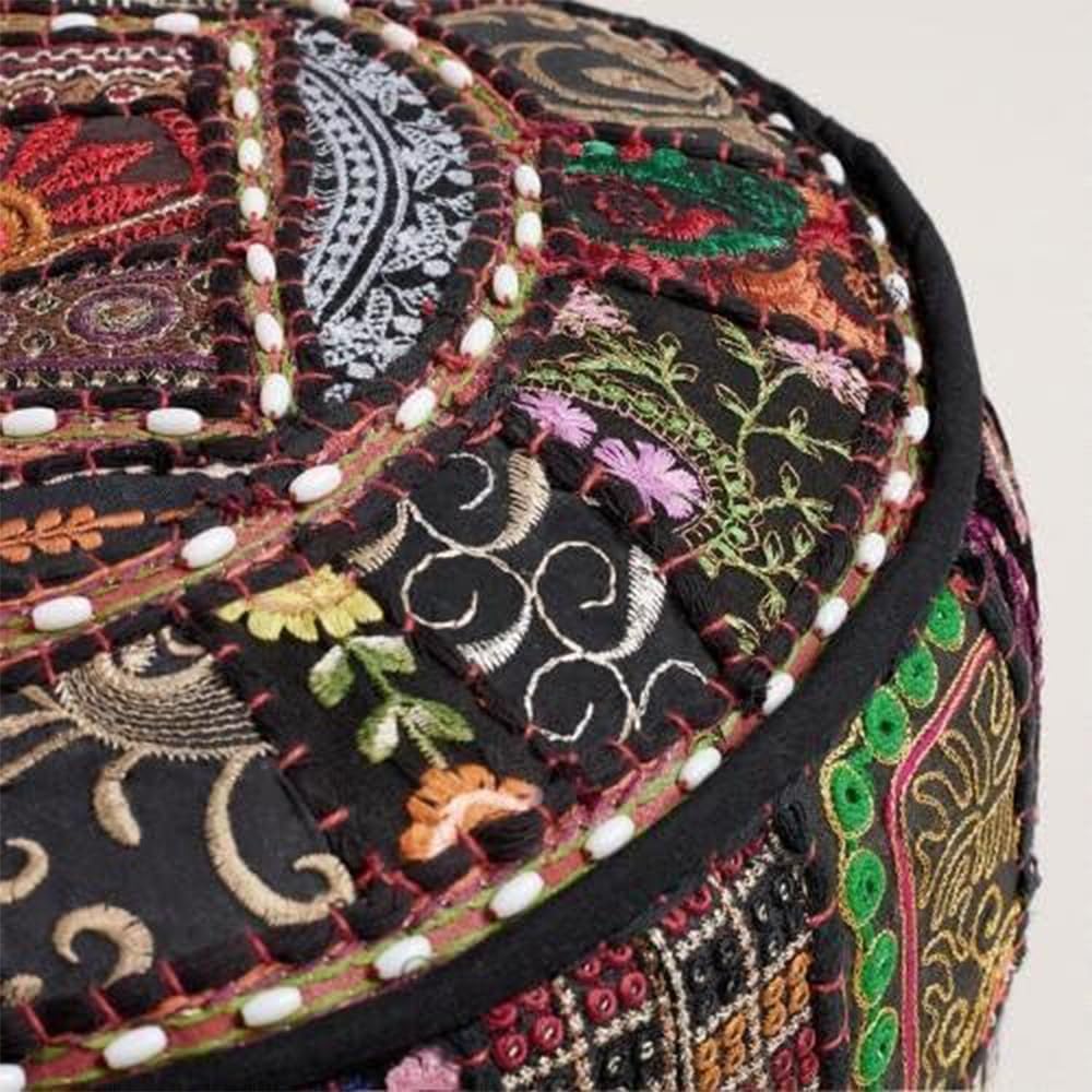 Sophia-Art Indian Embroidered Patchwork Cover Indian Decorative Comfortable Floor Cotton Cushion Ottoman Pouf, Designs Ethnic Patchwork Pouf (Black, 14x22) (Cover Only)