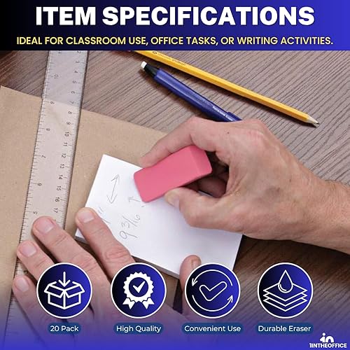 Miniatura 7 de 1InTheOffice Borrador biselado rosa, borradores de bloque, bloque rectangular de borde inclinado, grande, paquete de 20