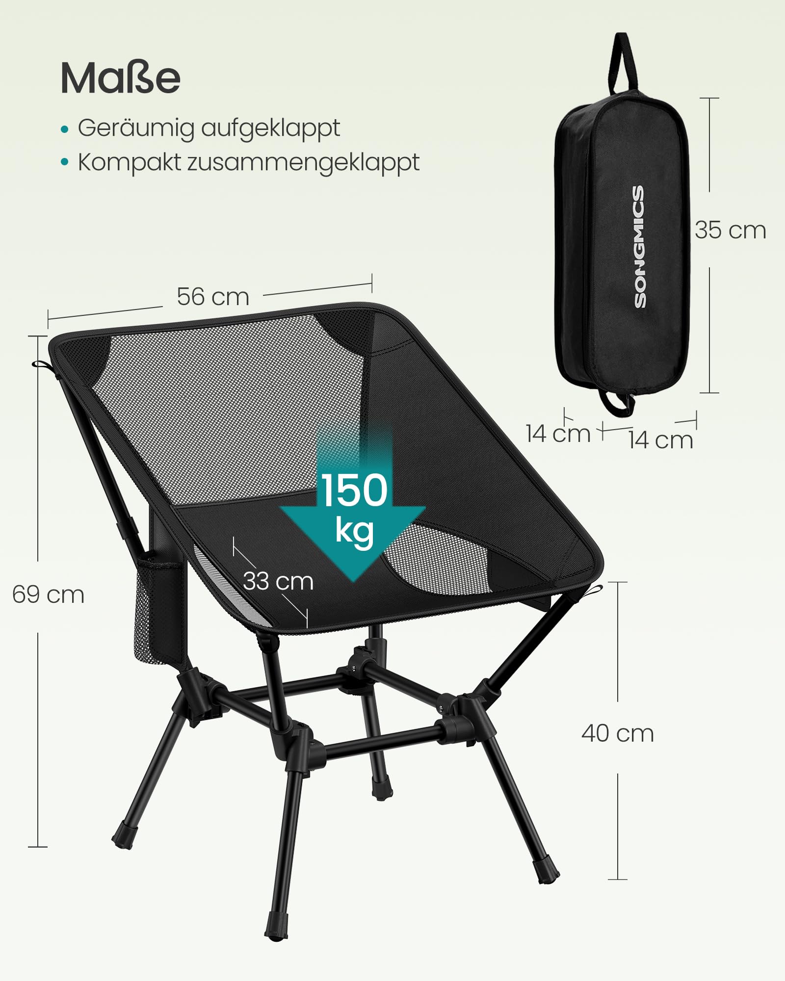 SONGMICS Campingstuhl, Strandstuhl klappbar, Gartenstuhl höhenverstellbar, Stahlgestell, bis 150 kg belastbar, 2 Seitentaschen