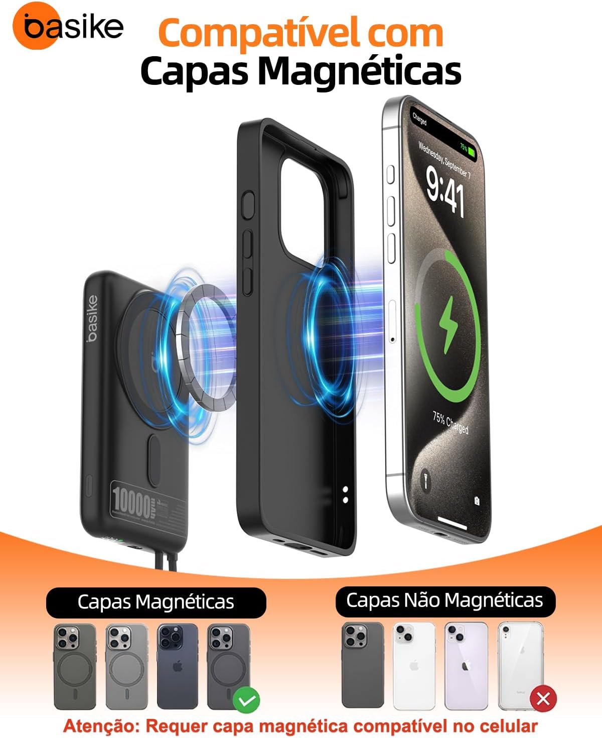 Basike Power Bank 10000mAh, 15W Carregador Portátil Universal por Indução, PD até 22,5W (1 Porta + Cabo Integrado), Compatível com Samsung S25/24/23/22/21, iPhone Séries 16/15/14/13 e MagSafe – Cinza