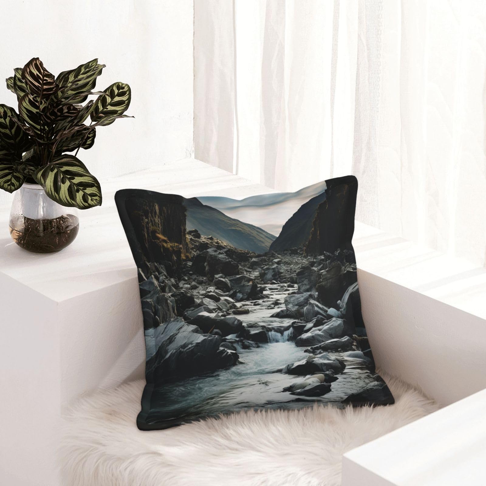 Housses de coussin motif rivière et roches grises similicuir salon