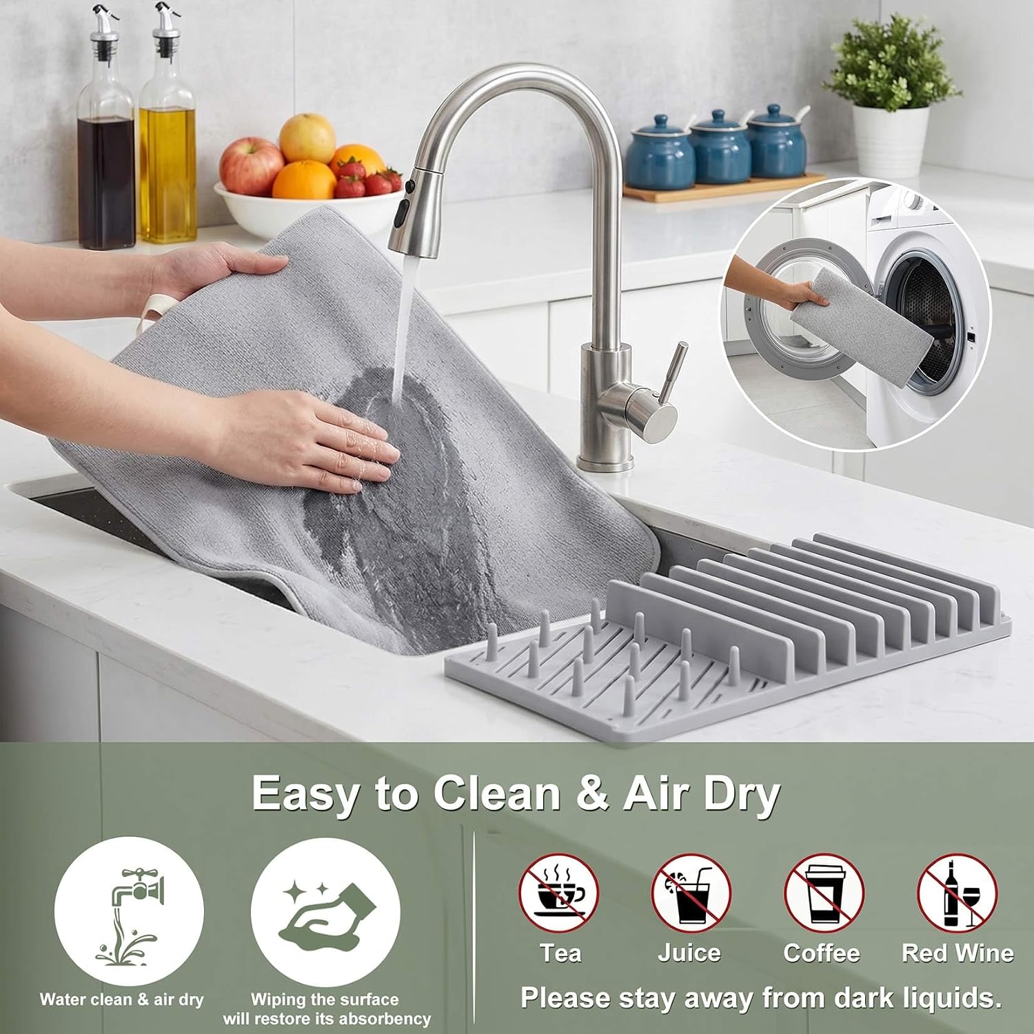 2-in-1 in Sink Dish Drying Rack with Dish Drying Mat,Collapsible Dish Drying Rack with Mat,Space-Saving Dish Rack for Kitchen Counter,Quick Dry Dish Drainers for Kitchen Sink (Grey White)