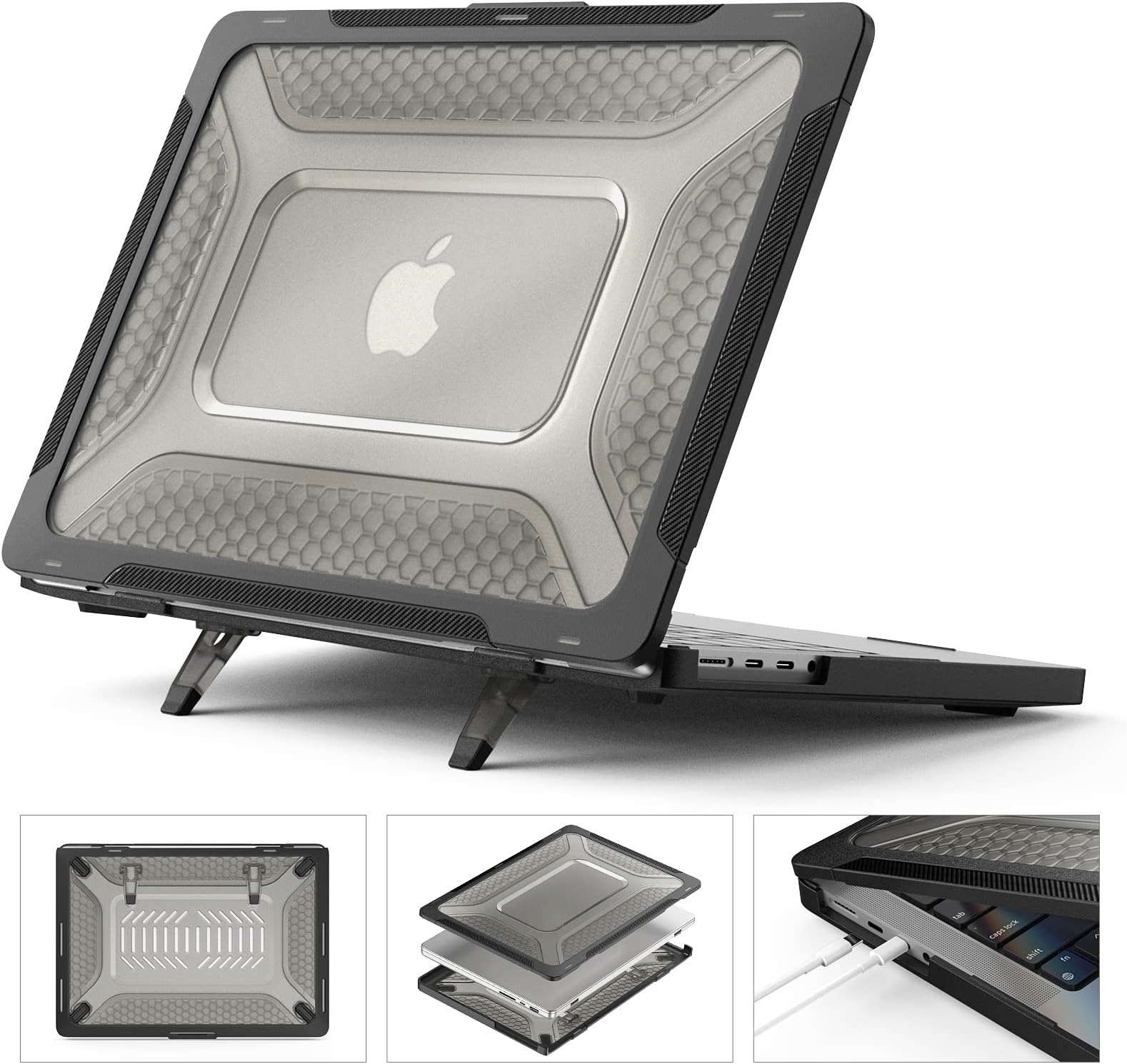 SEYMCY Case for MacBook Pro 14 inch Case 2023 2022 2021 Anti-Scratching Hard Shell Protective with Foldable Stand Cover for M3 A2992 A2918 / M2 A2779 / A2442 M1 Pro Max with Touch ID - Black