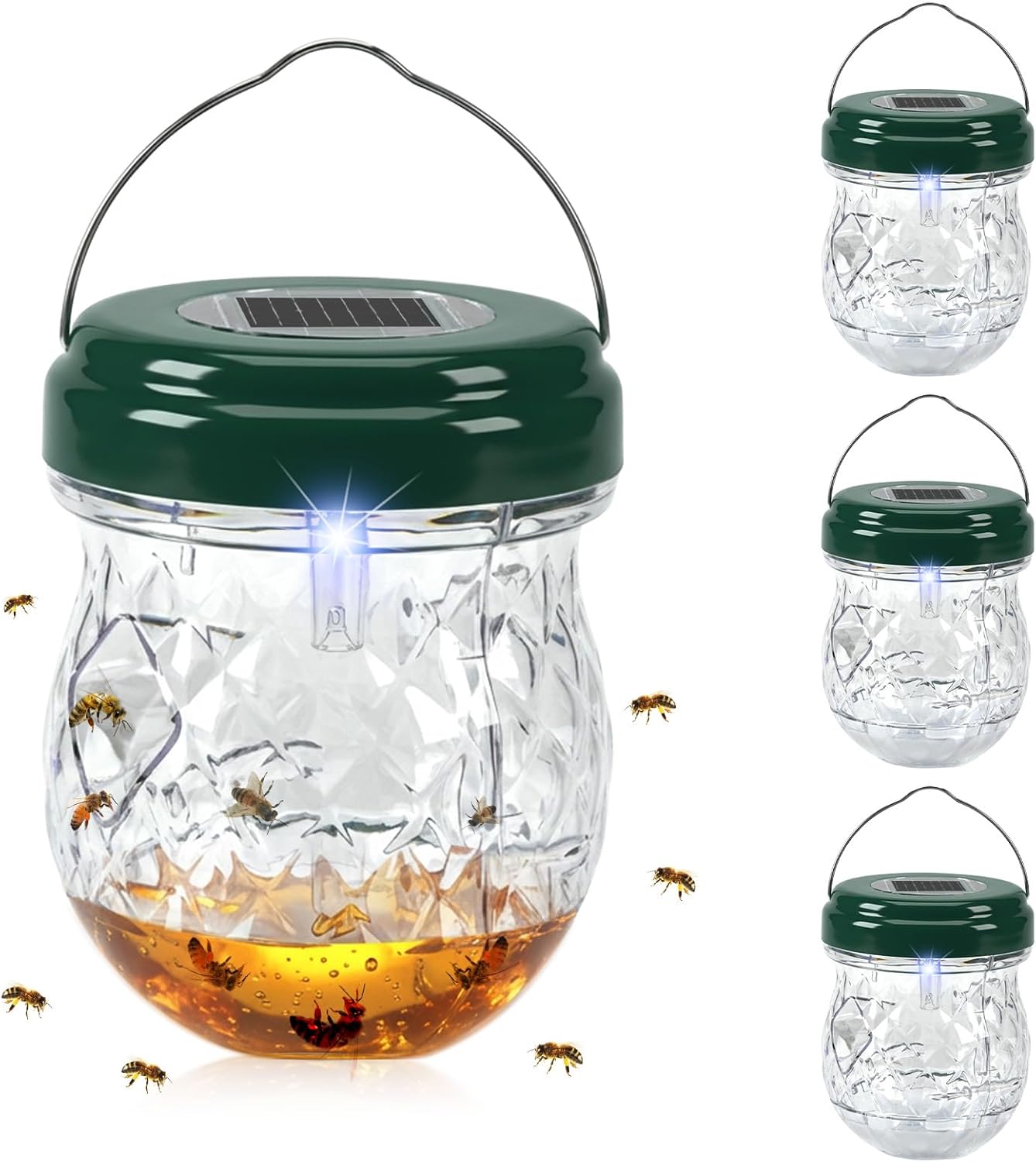 2026 Solar Wasp Traps Outdoor Hanging 4 Pack - Reusable Yellow Jacket Trap & Bee Catcher with LED Light, IP65 Waterproof Hornet & Fly Deterrent for Patio, Porch, Backyard Defense
