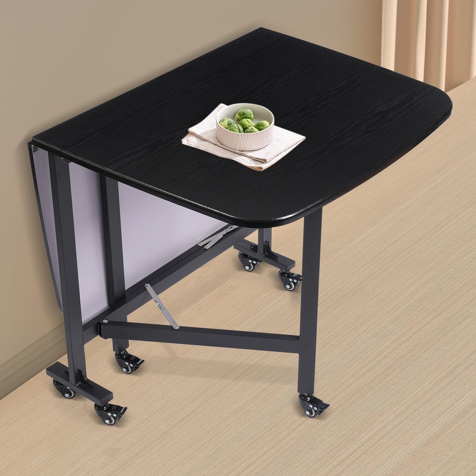 Tavolo da pranzo pieghevole portatile, design con bordi rotondi, piccole stanze, sala da pranzo, cucina, dimensioni pieghevoli 80 x 55 x 10 cm (nero)