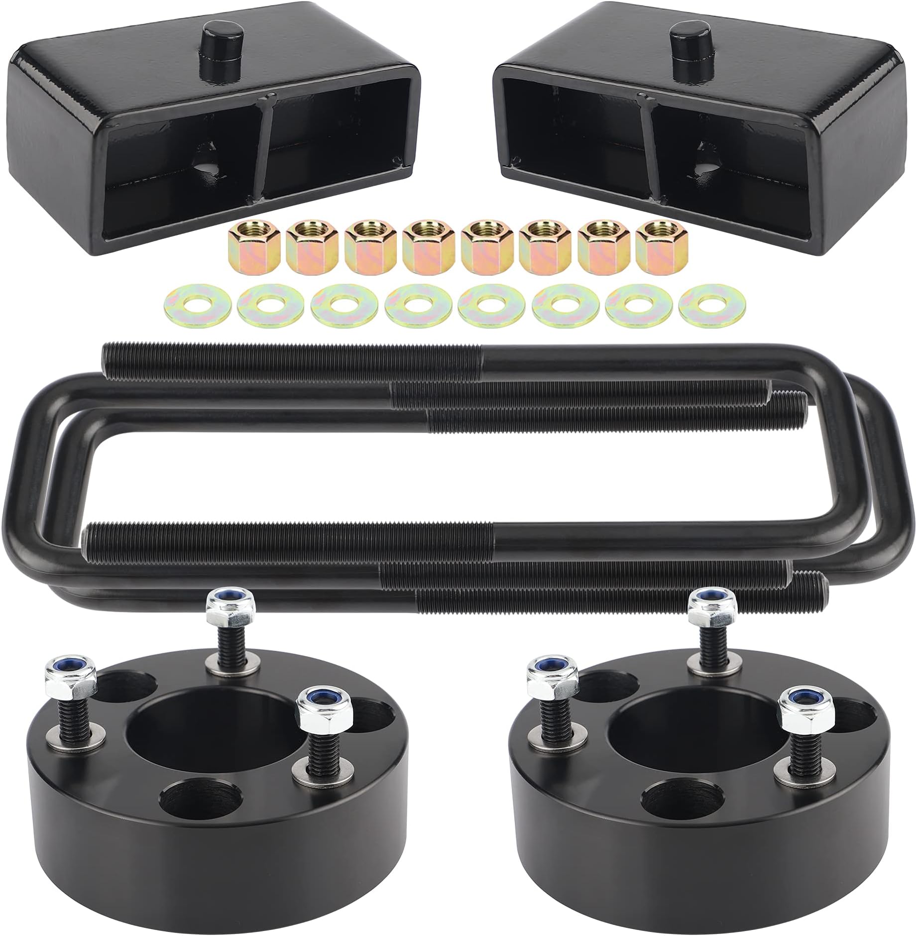 3" Front and 2" Rear Leveling Lift Kits for 2005-2020 Frontier 2WD 4WD, 3 inch Front Strut Spacers and 2 inch Rear lift block Extended Square U-Bolts (Black) (2005-2020 Frontier) (2005-2020 Frontier)