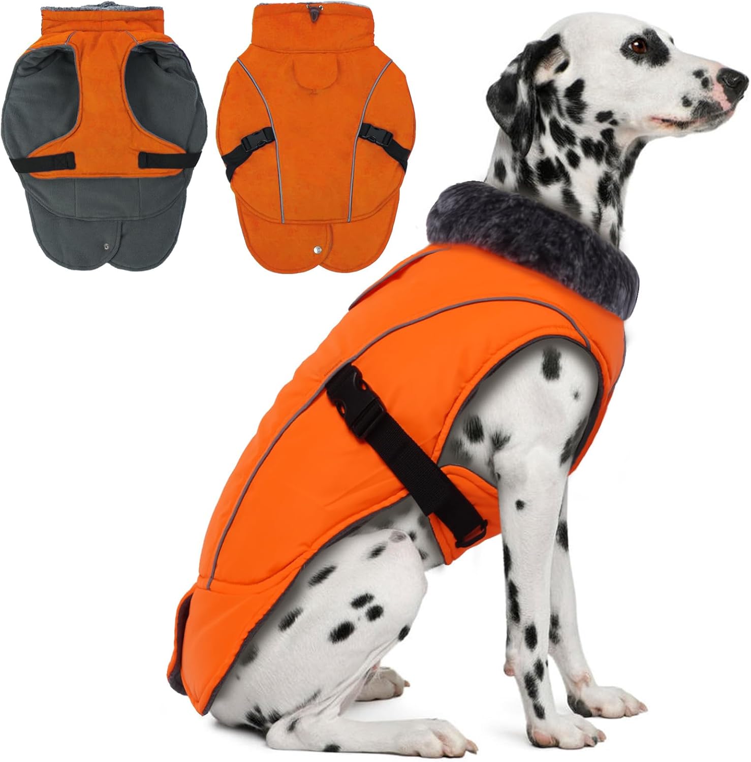 DENTRUN Winter Warm Dog Coat Reflective Jacket with Turtleneck for Cold Weather, Adjustable Buckle Windproof Water Repellent, Thick Snowsuit Fleece Vest for Small, Medium, Large Dogs, Orange, XXL