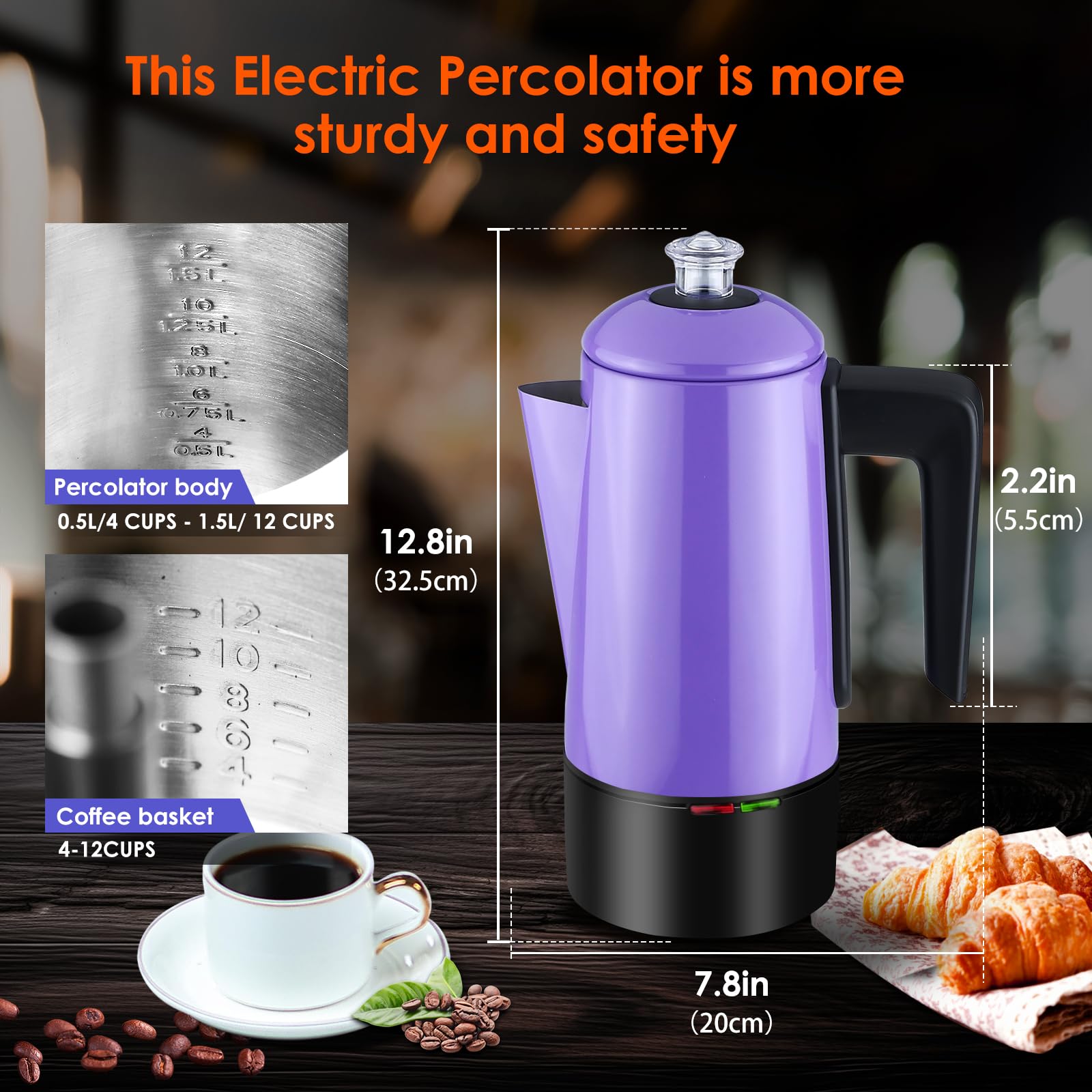 HOMOKUS Electric Coffee Percolator 12 CUPS Percolator Coffee Pot Stainless Steel Percolator Coffee Maker with Clear Knob Cool-touch Handle Auto Keep Warm Function (Purple)