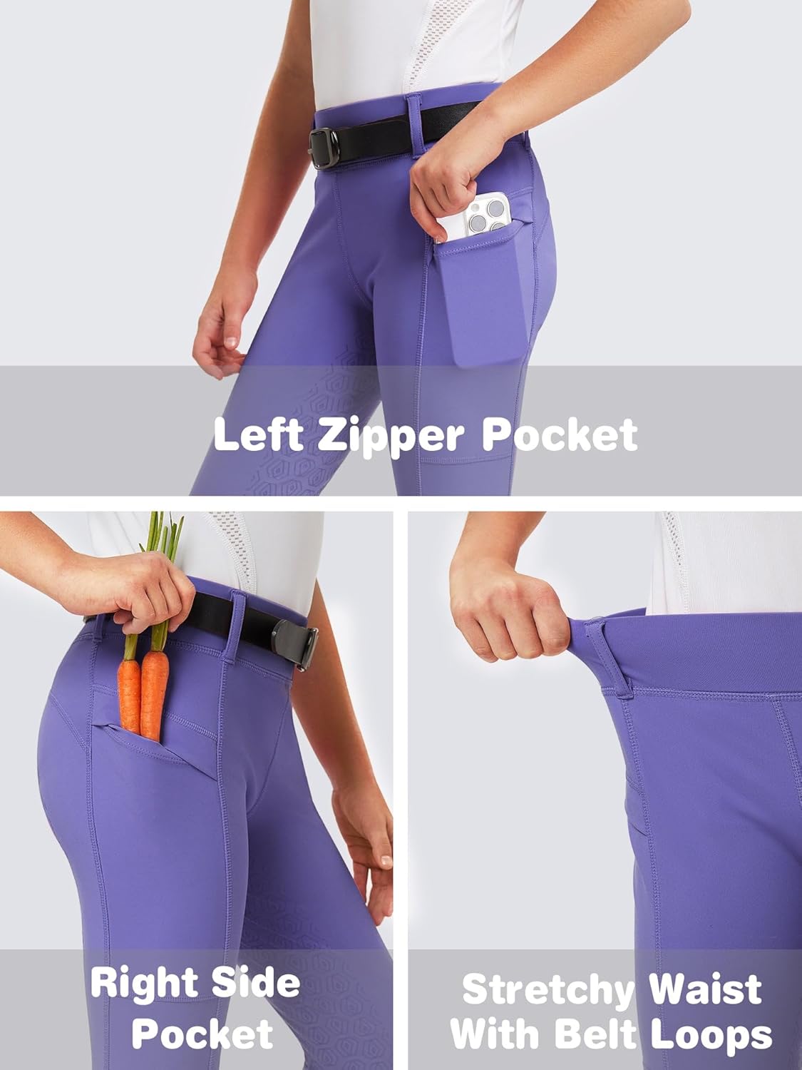 FitsT4 Sports Girls Riding Pants Full Seat Kids Equestrian Breeches Stretchy Youth Horse Schooling Tights Zipper Pockets - Image 3