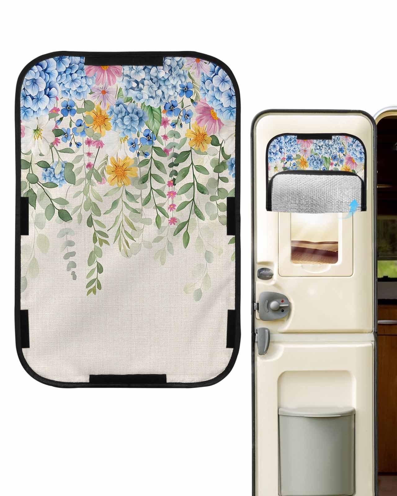 LEOKOTI RV Door Window Shade, Blue Spring Floral Blackout RV Window Shades Foldable, Green Summer Botanical Watercolor Rustic Privacy Insulation Car Covers 16
