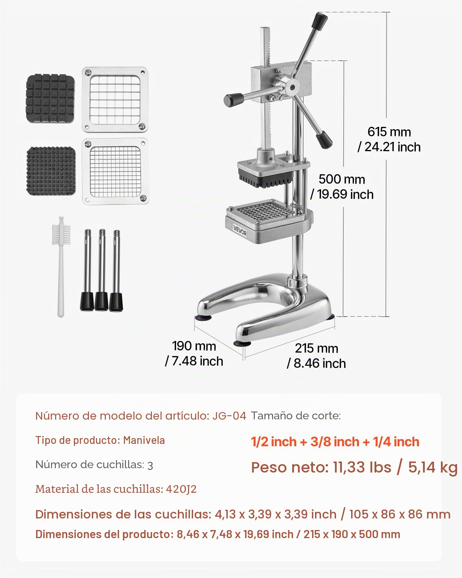 VEVOR Cortador de Papas Fritas Picador de Frutas y Verduras de Acero Inoxidable con 3 Cuchillas de Repuesto de 12,7/9,525/6,35 mm Cortador Manual de Papas para Restaurantes, Cocinas Domésticas