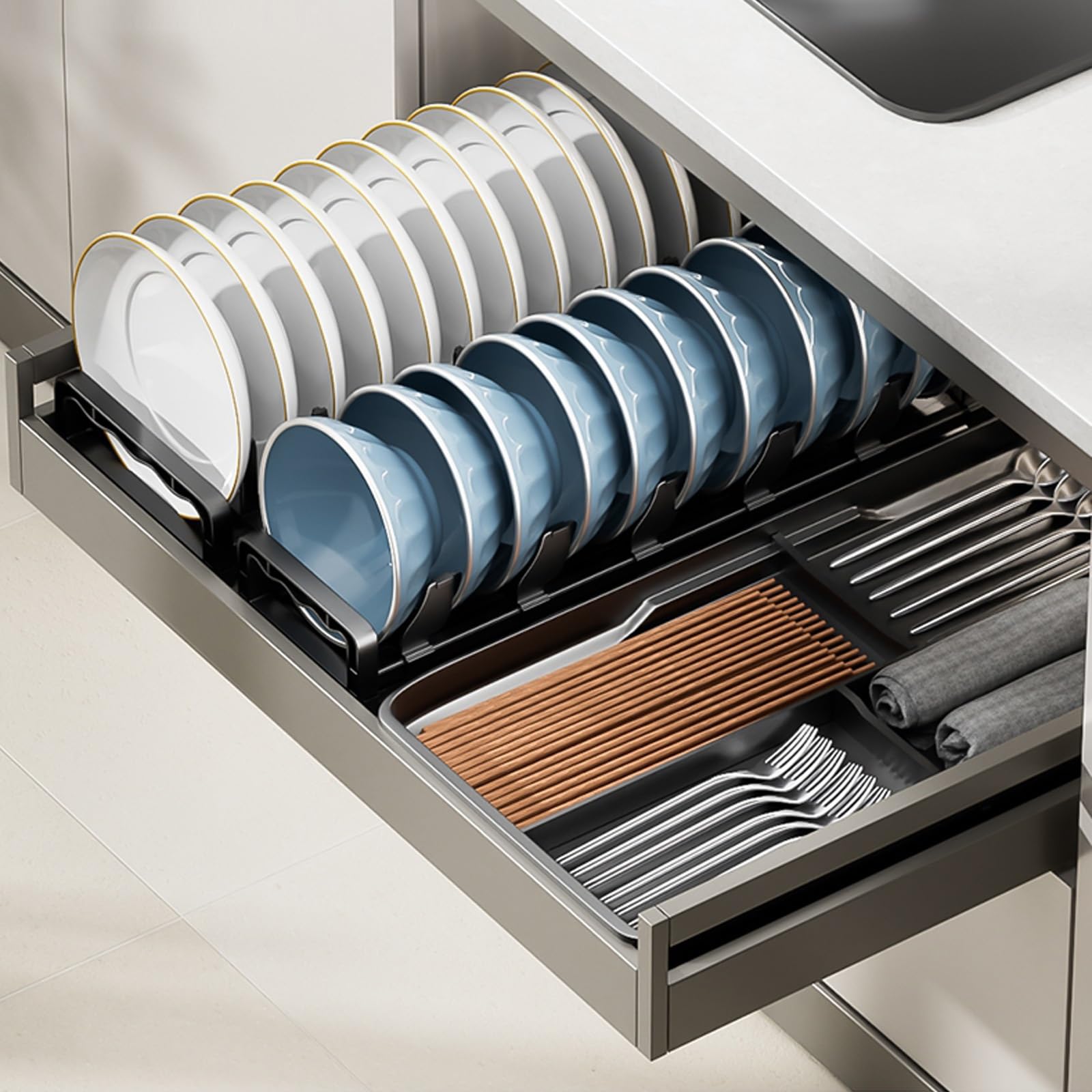 Abtropfgestell Geschirr, 41CM/47CM Klein Geschirrabtropfgestell Mit Abtropfschale, Geschirr Abtropfständer Für Platzsparender, Anti-Rost Geschirrständer Für Kleine Küche, Wohnwagen(Plate+Bowl,41cm)