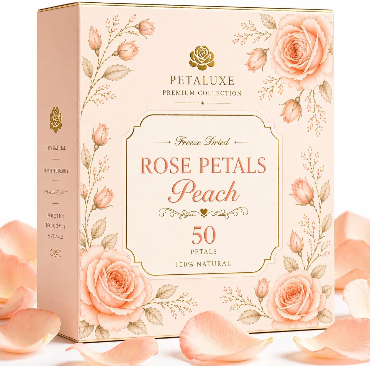 Petaluxe Freeze Dried Rose Petals, Peach, 50 Count, 100% Natural, for Decor, Beauty & Wellness