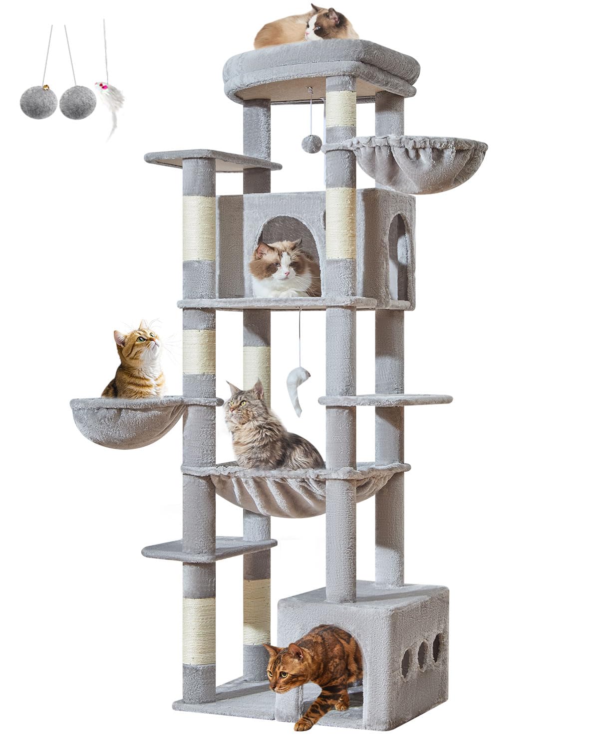 Taoqimiao 72 Inch Cat Tree, XXL Cat Tower for Indoor Cats Large Adult 25Lbs+, Extra-Large Platform, 2 Cat Houses, 7 Scratching Post, Extra-Sized Durable Hammock, Cozy Basket, Smoky Gray, F20G: Light Gray