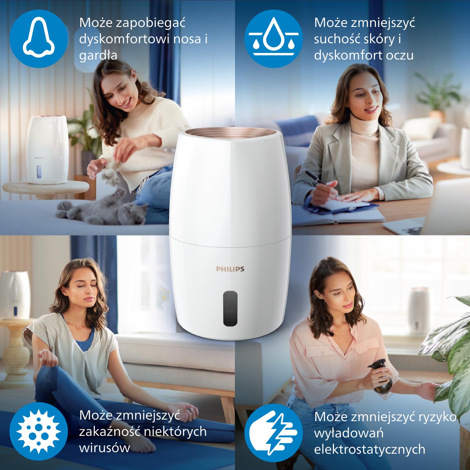Philips Nawilżacz powietrza Serii 2000, Higieniczne nawilżanie NanoCloud, 99,97% mniej bakterii, 200 ml/h, Zbiornik 2L, Ultra cichy (33 dB), 3 prędkości, Tryby Auto i Nocny, Timer, Biały (HU2716/10)