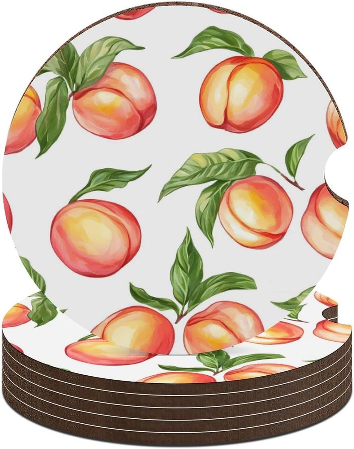 Peaches with Leaves Car Cup Holder Coaster with Cork Base 2.6 Inches Anti Slip
