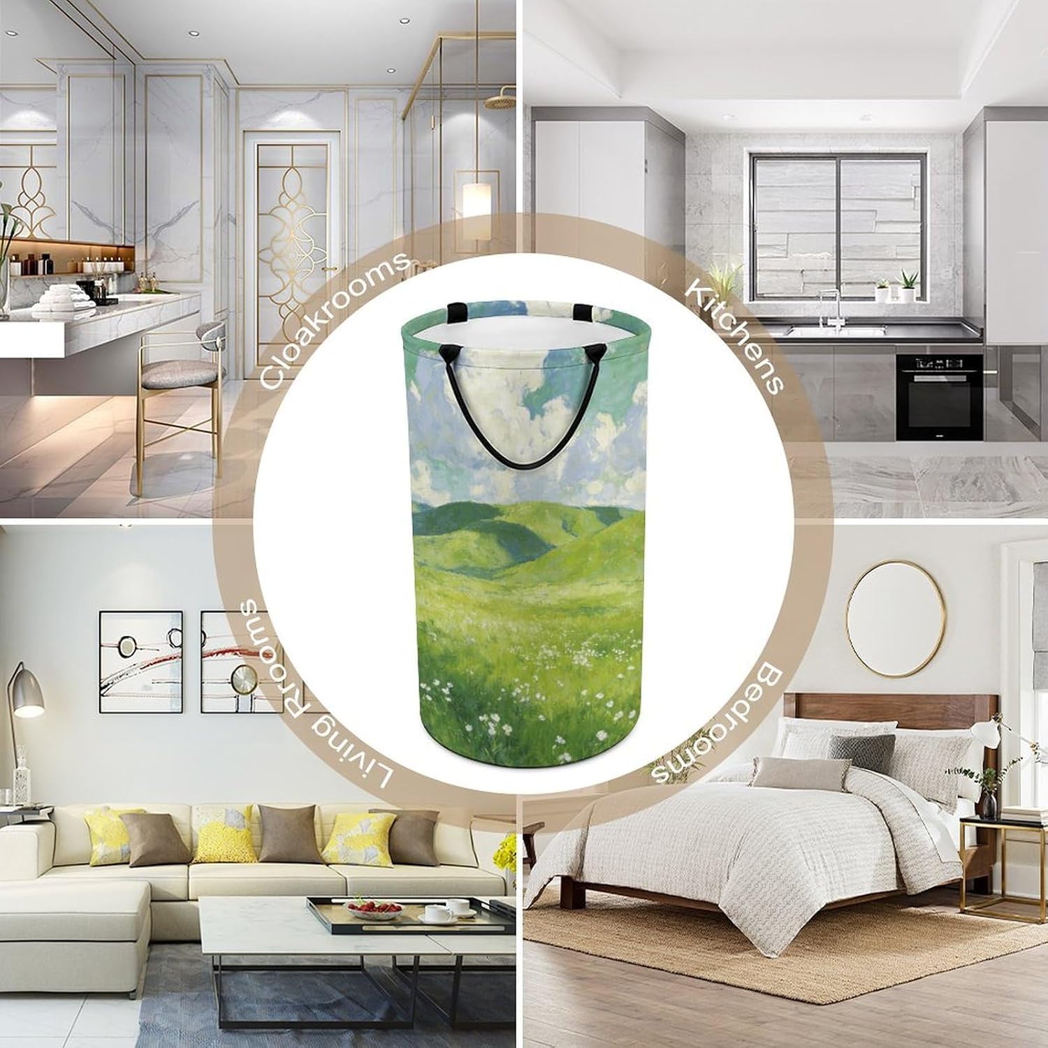 Green Oil Painting Laundry Hamper with Handles Waterproof Collapsible Laundry Basket Large Lightweight Round Dirty Clothes Hamper for Home Dorm Bathroom Decor