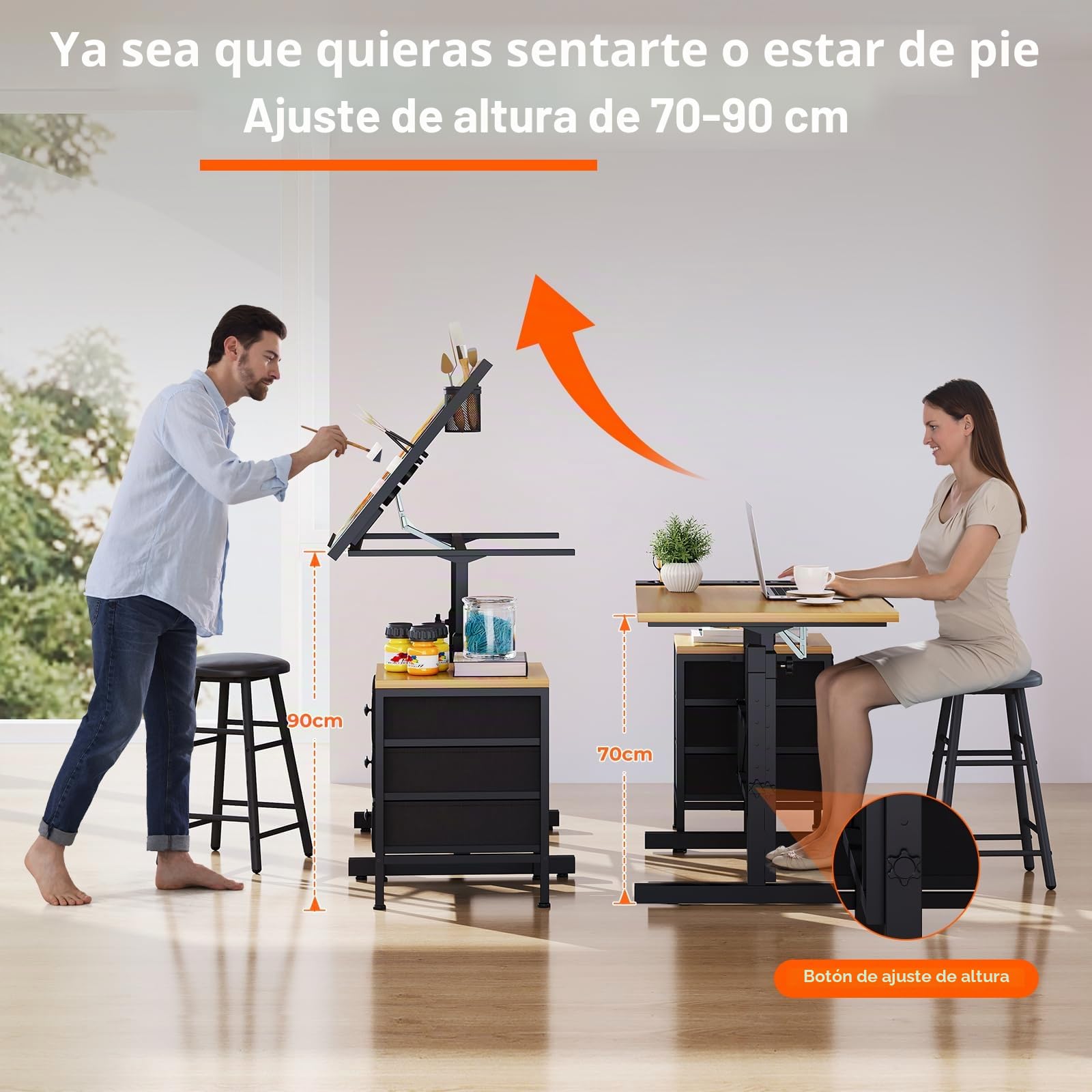 Dripex Mesa de Dibujo Profesional con Tablero Inclinable Altura Ajustable, Artista de Pintura Arquitecto Estudio Dibujo Escritorio para Computadora con Taburete y Taquillas, Color Madera