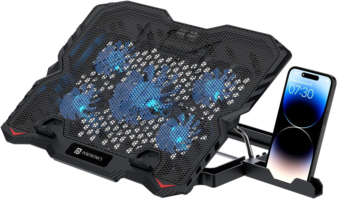 Portronics My Buddy Air 3 Laptop Cooling Pad with 5 Cooling Fans, Multi-Level Height Adjustable, Mobile Holder, USB Powered, Metal Mesh Grill, for up to 15.6 Inch Laptops (Black)