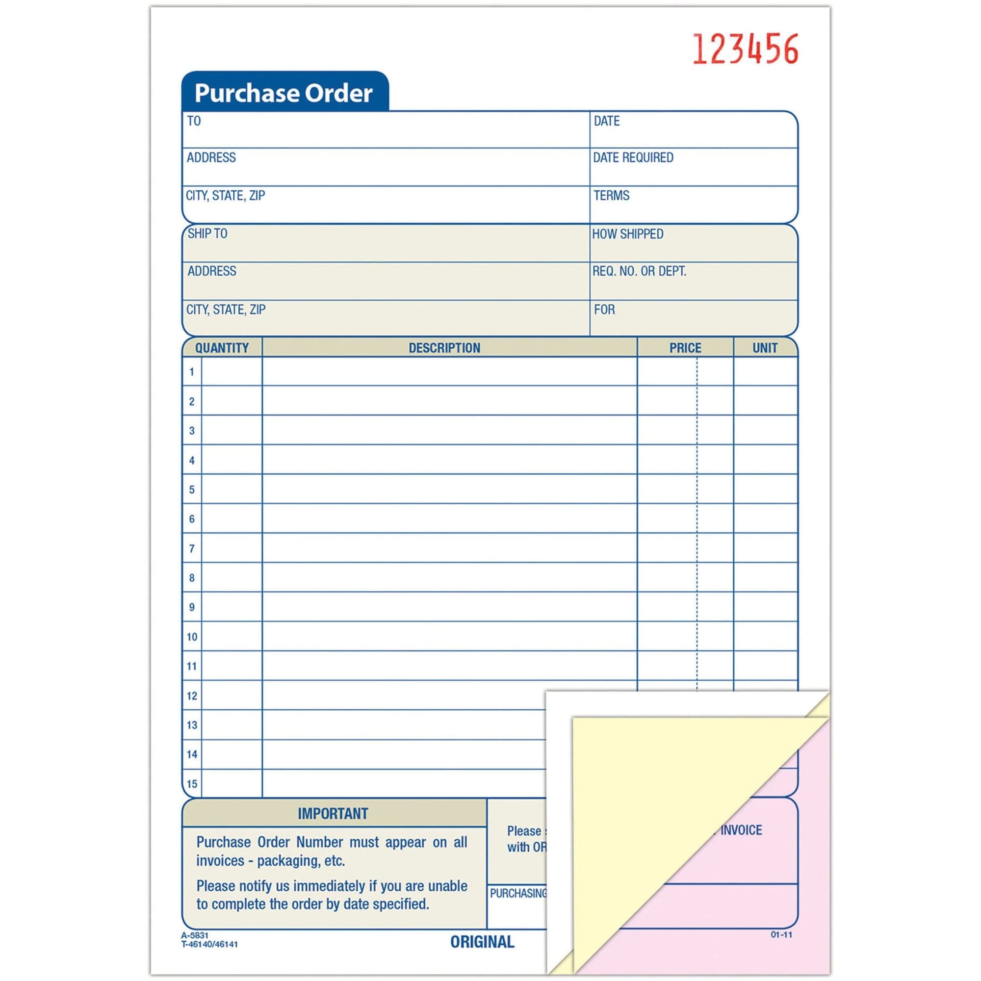 Purchase Order Form, 3-Part, 5-9/16"x8-7/16, Sold as 1 Each