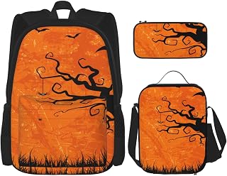 Juego de mochila de 3 piezas con estampado de fiesta de Halloween, color naranja, casual, ligero, con bolsa de almuerzo, estuche para lápices para mujer, Negro, Talla única