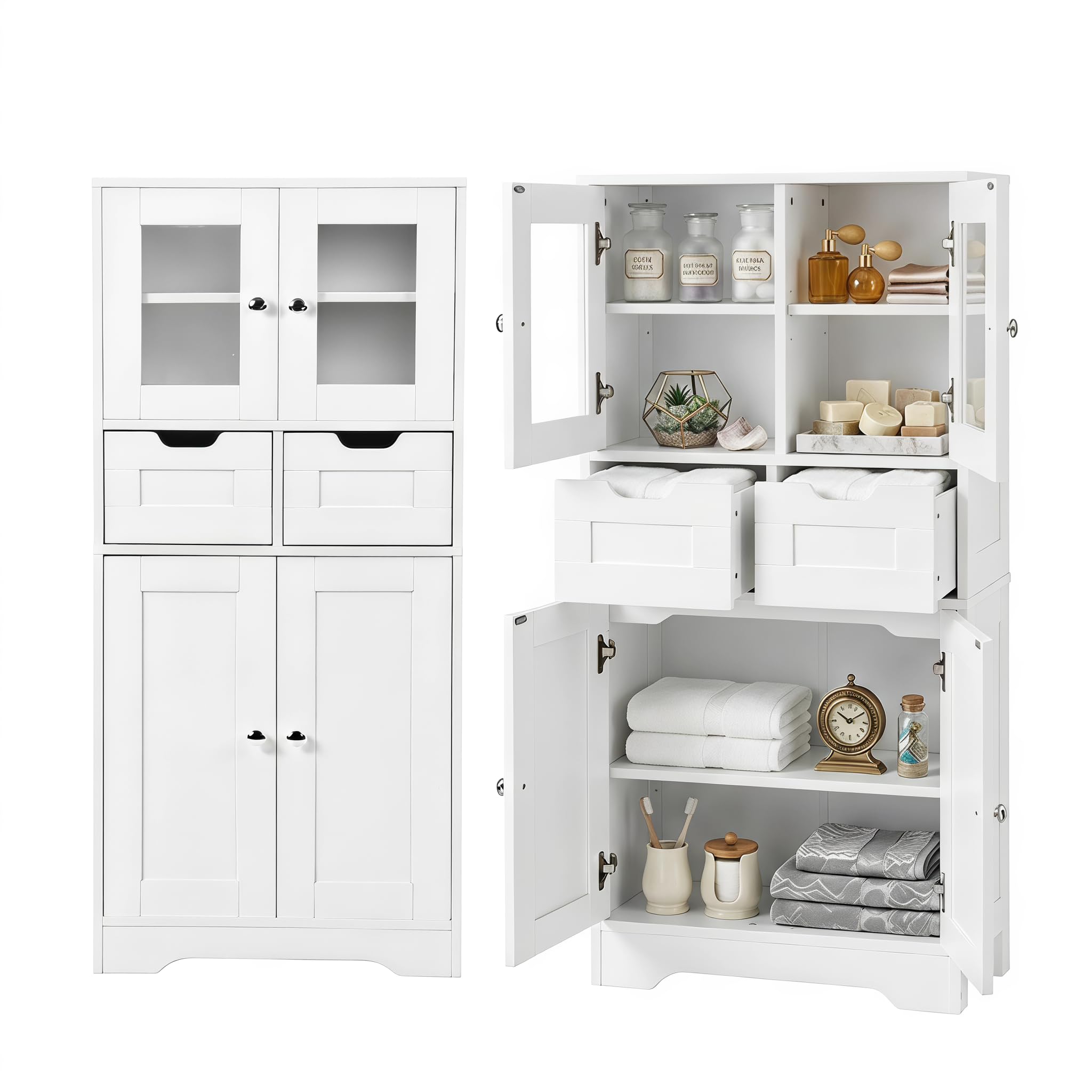Mobile Alto da Bagno con 4 ante e 2 cassetti, pannello in melamina double face, 15 mm, robusto, ripiani regolabili, mobile di archiviazione per bagno, soggiorno, sala da pranzo(Bianco,128CM)