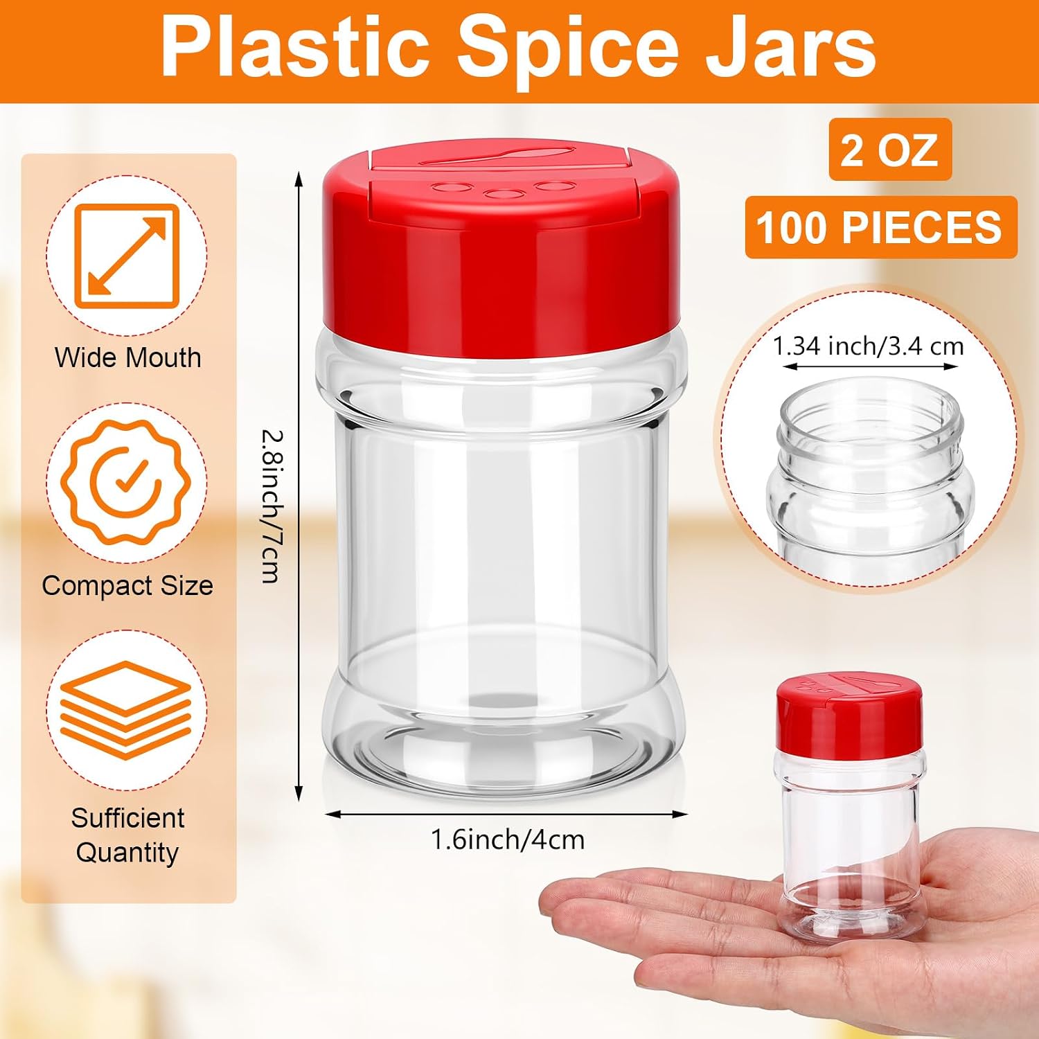 100 Pcs Plastic Spice Jars with 2 Sides Flip Cap Clear 2 Oz Seasoning Containers Empty Spice Bottles Small Seasoning Jars with Shaker Lid for Kitchen Storage Herbs and Powders(Red Cap) image 2