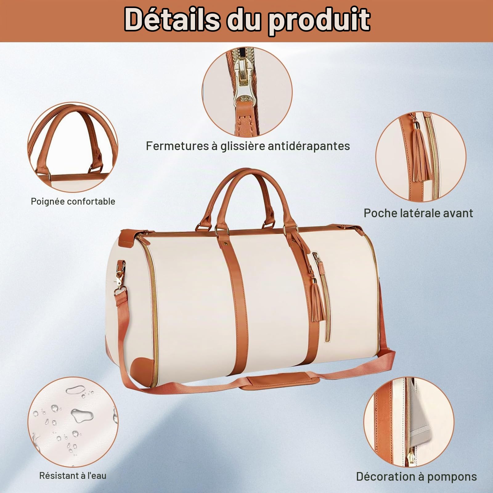 Sac de Voyage Pliable, Sac Voyage Cabine, Sac de Sport Femme Etanche, Grande Travel Bag, Sac Weekend Femme, Portable Duffle Bag, Valise Suspendue 2 en 1, Sac de Vetement Pliable Voyage (Blanc)