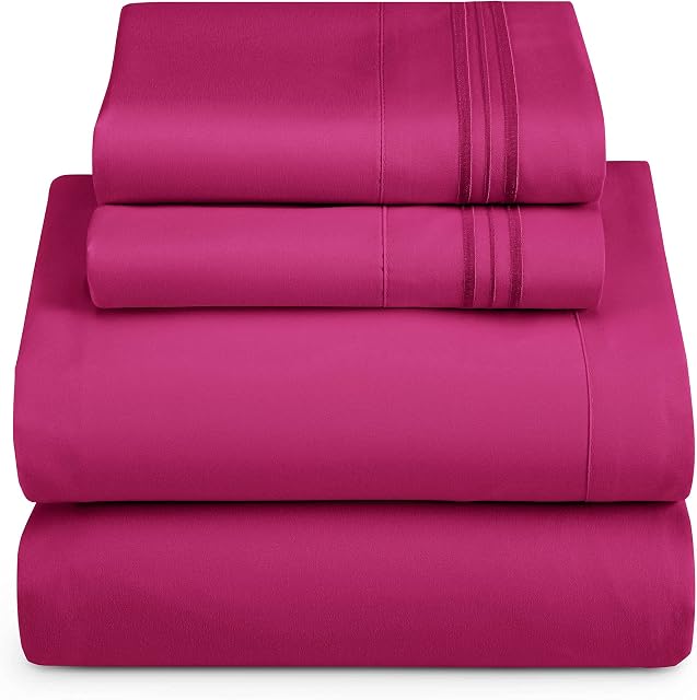 Hearth & Harbor Feuilles pleine taille - 4 Ensemble de draps de lit en pièces, drap de lit double brossé de luxe - Draps de lit extra-doux & Oreillers, pleins, Magenta