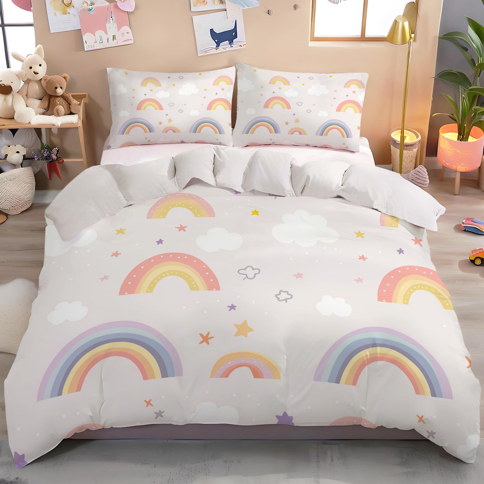 Housse de couette réversible 240x260 avec taies d'oreiller pour chambre fille ado gris