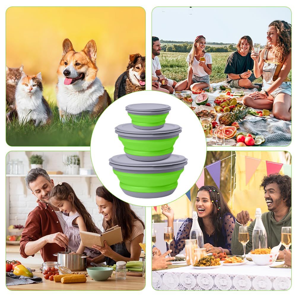 flintronic Składane zestawy misek kempingowych, przenośna silikonowa miska z pokrywką, składane miski do sałatek, składane pudełko na lunch, na kemping, wędrówki, do kuchni, szkoły, 3 szt