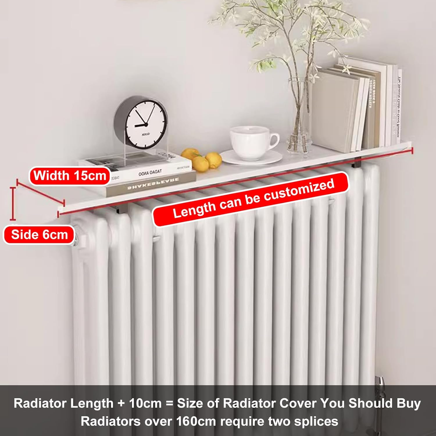 Heater Cover Anti-Smoke Dust-Proof, 25-170cm Radiator Shelves Width 15cm, Aluminum Alloy Radiator Shelf No Drilling with Easy to Fit Bracket, Bearing Weight 28kg,40cm