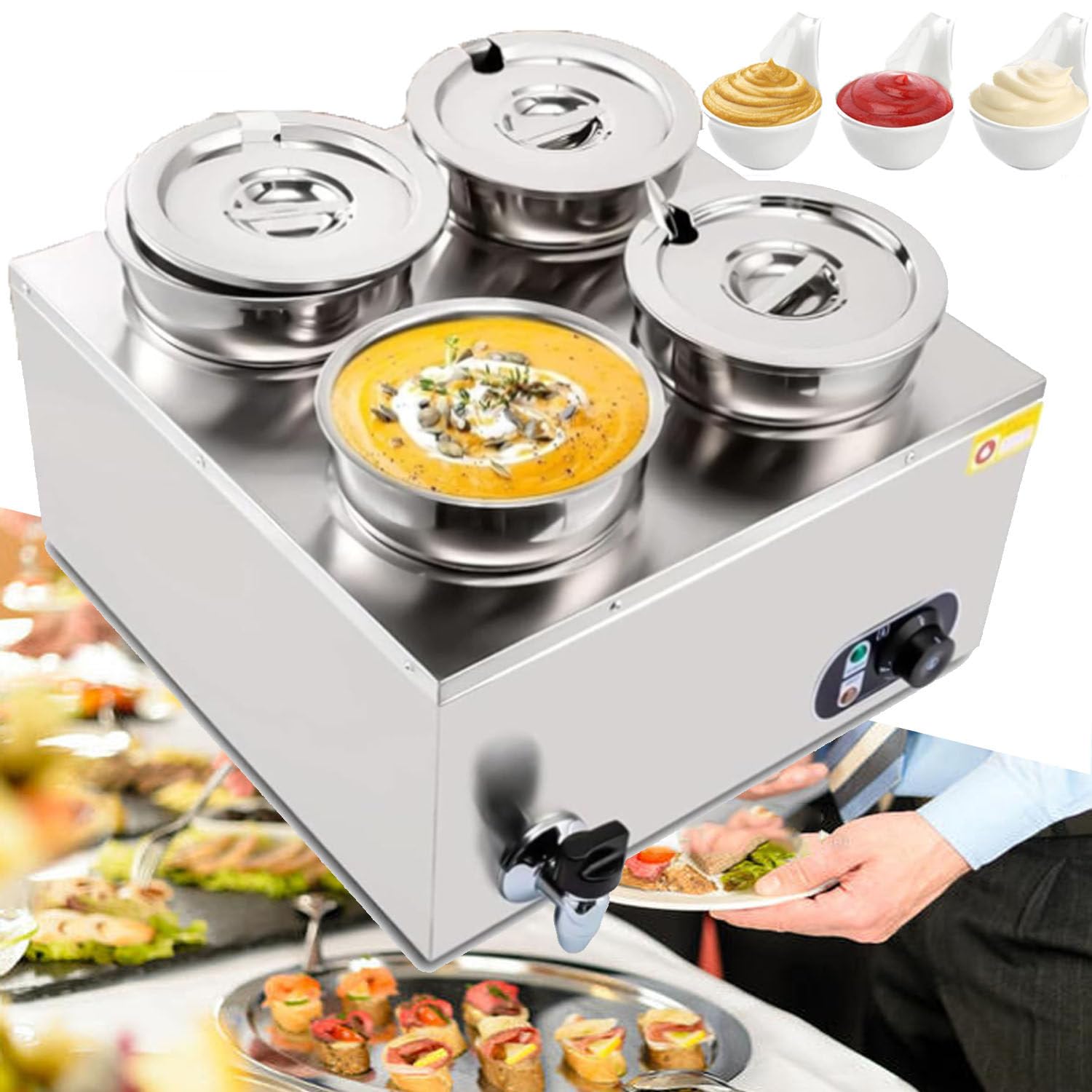 Commercial 4 Pot Bain Marie Warmer, 1500W chauffe-aliments en acier inoxydable avec contrôle de la température, 7L Capacité Comptoir distributeur de soupe pour le restaurant Banquet Buffet Utilisation