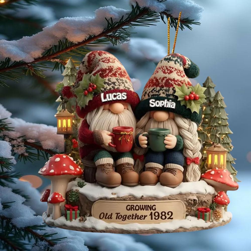 Personalized Gnome Couple Ornament 2025, Custom Christmas Decoration for Married, Engaged or Grandparent Gift, Growing Old Together Anniversary Keepsake1