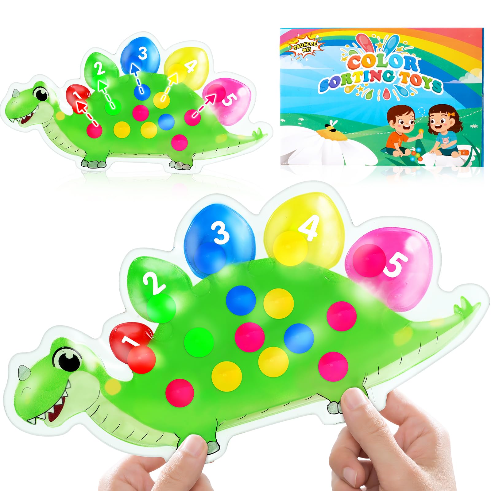 Dinosaurier Farbensortierspiel Zählen Superweiches Squeeze Sensorikspielzeug für Kleinkinder Montessori Lernspiel Farberkennung Feinmotorik Training Reise Anti Stress Spielzeug ab 3 Jahren (Grün)