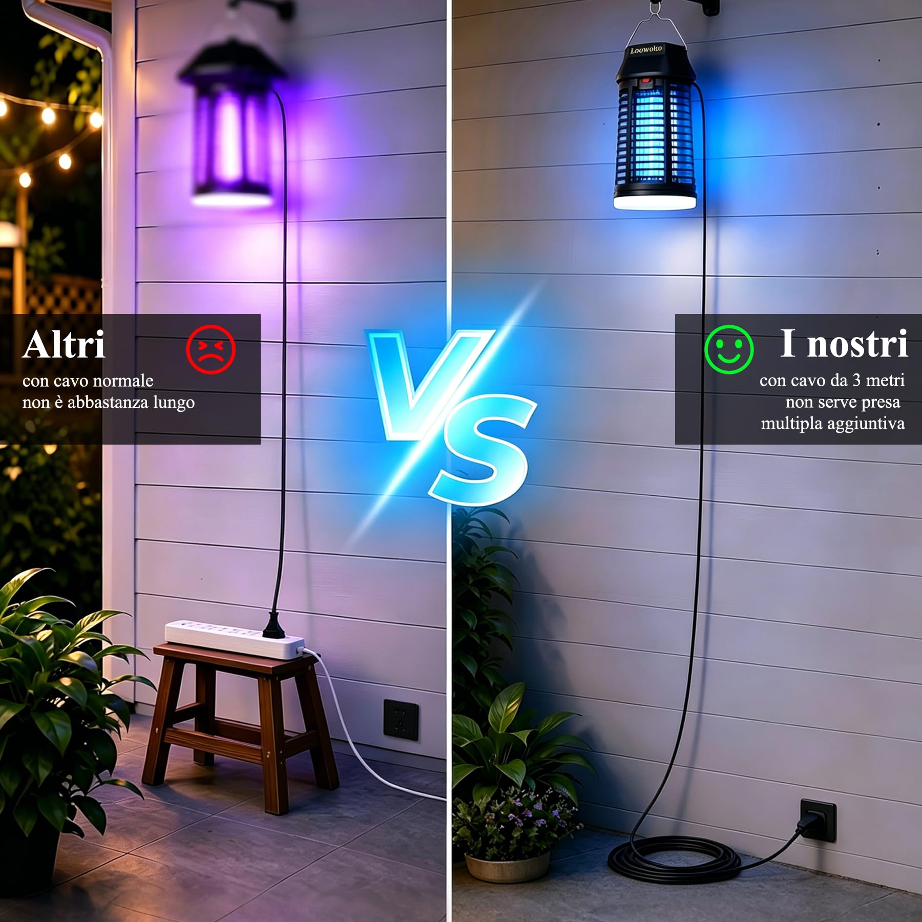 Loowoko Insetticida Elettrico Con Cavo Prolungato Da 3 m, Lampada Anti Zanzare Da 4200V Con Luce LED, Trappola Per Mosche Elettrico Impermeabile Mosquito Killer, Anti Zanzare Lampada Per Interni E